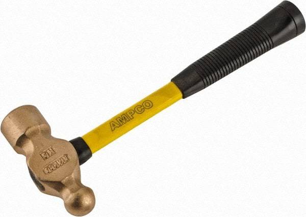 Ampco - 2-3/4 Lb Head Aluminum Bronze Ball Pein Hammer - 14" Fiberglass Handle with Grip, 1-13/16" Face Diam, 14" OAL - Top Tool & Supply