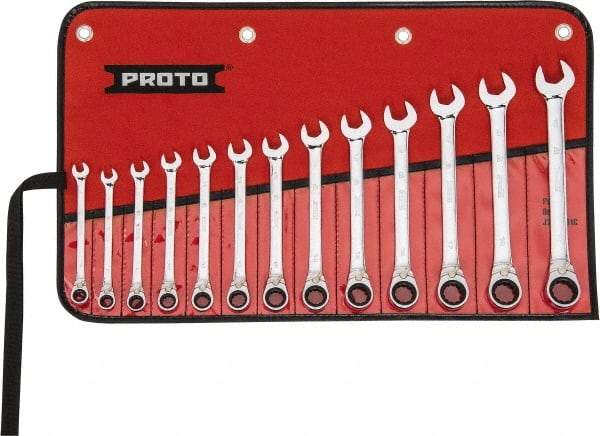 Proto - 13 Piece, 7mm to 19mm, 12 Point Reversible Ratcheting Combination Wrench Set - Metric Measurement Standard, Full Polish Chrome Finish, Comes in Tool Roll - Top Tool & Supply