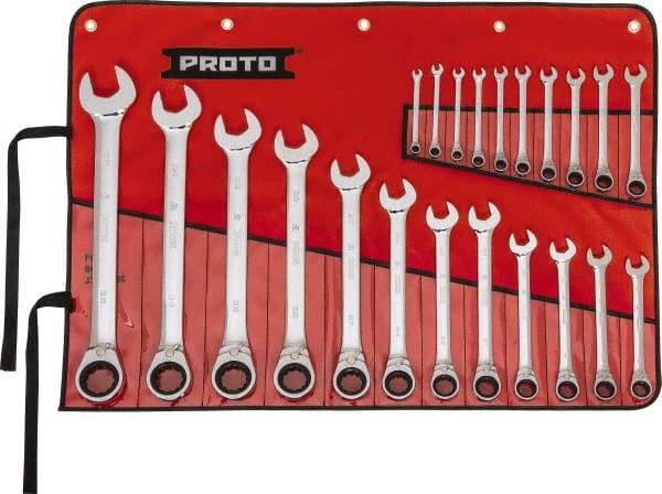 Proto - 22 Piece, 6mm to 36mm, 12 Point Reversible Ratcheting Combination Wrench Set - Metric Measurement Standard, Full Polish Chrome Finish, Comes in Tool Roll - Top Tool & Supply