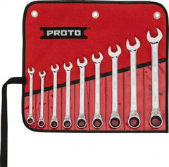 Proto - 9 Piece, 9/32" to 3/4", 12 Point Reversible Ratcheting Combination Wrench Set - Inch Measurement Standard, Full Polish Chrome Finish, Comes in Tool Roll - Top Tool & Supply