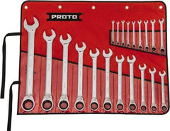 Proto - 20 Piece, 7/32" to 1-1/2", 12 Point Reversible Ratcheting Combination Wrench Set - Inch Measurement Standard, Full Polish Chrome Finish, Comes in Tool Roll - Top Tool & Supply