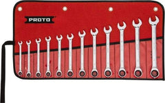 Proto - 12 Piece, 8mm to 19mm, 12 Point Ratcheting Combination Wrench Set - Metric Measurement Standard, Full Polish Chrome Finish, Comes in Tool Roll - Top Tool & Supply