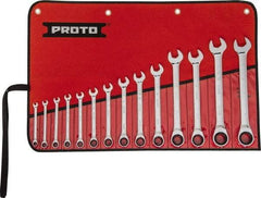 Proto - 14 Piece, 1/4" to 1", 12 Point Ratcheting Combination Wrench Set - Inch Measurement Standard, Full Polish Chrome Finish, Comes in Tool Roll - Top Tool & Supply