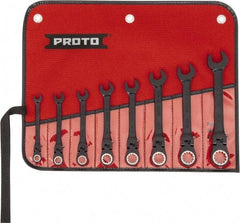 Proto - 8 Piece, 5/16" to 3/4", 12 Point Ratcheting Flex-Head Spline Wrench Set - Inch Measurement Standard, Black/Chrome Finish, Comes in Nylon Roll - Top Tool & Supply