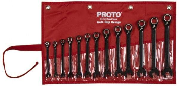 Proto - 13 Piece, 7mm to 19mm, 12 Point Short Ratcheting Reversible Combination Spline Wrench Set - Metric Measurement Standard, Black/Chrome Finish, Comes in Tool Roll - Top Tool & Supply