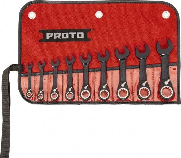 Proto - 9 Piece, 1/4" to 3/4", 12 Point Short Ratcheting Reversible Combination Spline Wrench Set - Inch Measurement Standard, Black/Chrome Finish, Comes in Tool Roll - Top Tool & Supply