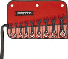 Proto - 9 Piece, 1/4" to 3/4", 12 Point Short Ratcheting Reversible Combination Spline Wrench Set - Inch Measurement Standard, Black/Chrome Finish, Comes in Tool Roll - Top Tool & Supply