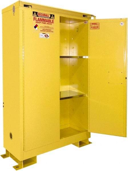 Securall Cabinets - 2 Door, 2 Shelf, Yellow Steel Standard Safety Cabinet for Flammable and Combustible Liquids - 71" High x 43" Wide x 18" Deep, Self Closing Door, 3 Point Key Lock, 45 Gal Capacity - Top Tool & Supply