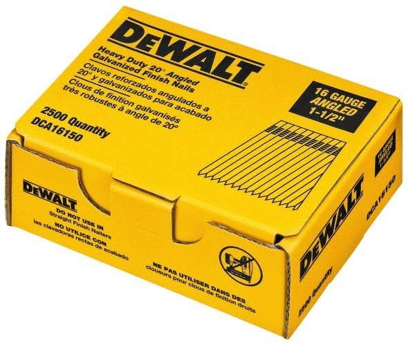 DeWALT - 16 Gauge 1-1/2" Long Finishing Nails for Power Nailers - Grade 2 Steel, Galvanized Finish, Angled Stick Collation - Top Tool & Supply