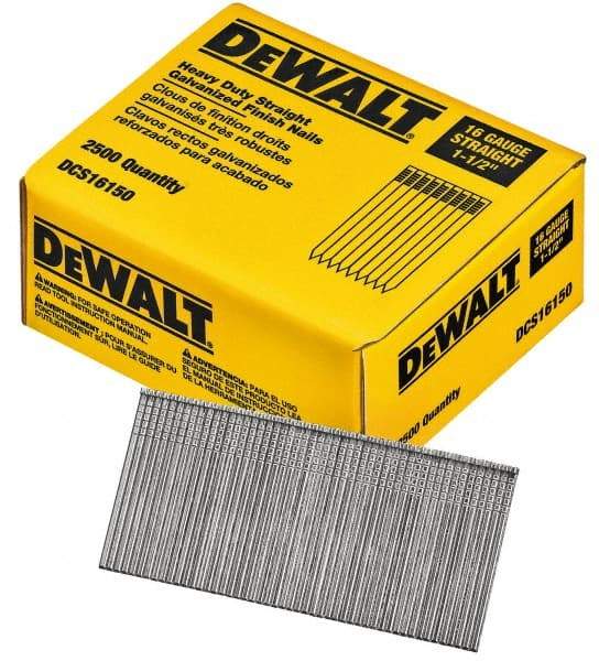 DeWALT - 16 Gauge 1-1/2" Long Finishing Nails for Power Nailers - Grade 2 Steel, Galvanized Finish, Straight Stick Collation - Top Tool & Supply