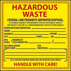 NMC - "Hazardous Waste - Federal Law Prohibits Improper Disposal", 6" Long x 6" Wide, Pressure-Sensitive Vinyl Safety Sign - Square, 0.004" Thick, Use for Hazardous Materials - Top Tool & Supply