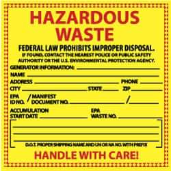 NMC - Hazardous Materials Label - Legend: Hazardous Waste - Federal Law Prohibits Improper Disposal, English, Red & Black & Yellow, 6" Long x 6" High, Sign Muscle Finish - Top Tool & Supply