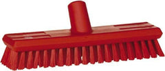 Vikan - 1.3" Bristle Length, Polyester Scrub Brush - 10-3/4" Long x 2-1/2" Wide Head, 11" OAL, European Threaded Handle, Red, Polypropylene Block - Top Tool & Supply