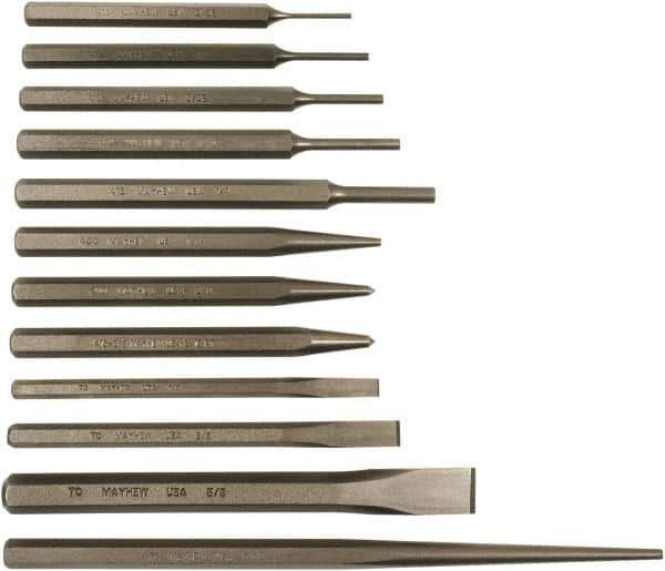 Mayhew - 12 Piece Punch & Chisel Set - 1/4 to 5/8" Chisel, 1/8 to 3/8" Punch, Hex Shank - Top Tool & Supply