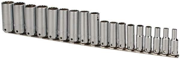 Proto - 18 Piece 3/8" Drive Tethered Deep Socket Set - 12 Points, 6 to 23mm, Metric Measurement Standard - Top Tool & Supply