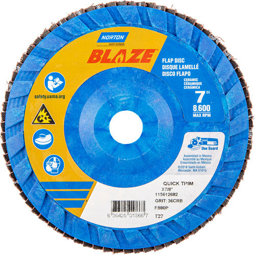 7 × 7/8″ Blaze Plastic Flat Flap Disc Type 27 36 Grit R980P Premium Ceramic Alumina - Top Tool & Supply