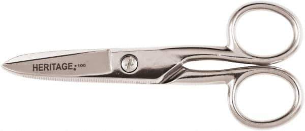 Heritage Cutlery - 1-7/8" LOC, 5-1/4" OAL Carbon Nickel Plated Standard Scissors/Shears - Right Hand, Steel Straight Handle, For Electrical - Top Tool & Supply