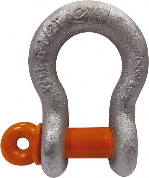 CM - 5/8" Nominal Chain Size, 3.25 Ton Carbon Steel Screw Anchor Shackle - 27/32" Diam, 3/4" Pin Diam, 1-1/16" Wide Inside Jaw, 1-1/2" Inside Width - Top Tool & Supply