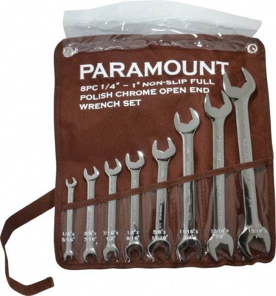 Paramount - 8 Piece, 1/4" to 1", Open End Wrench Set - Inch Measurement Standard, Full Polish Finish, Comes in Canvas Pouch - Top Tool & Supply