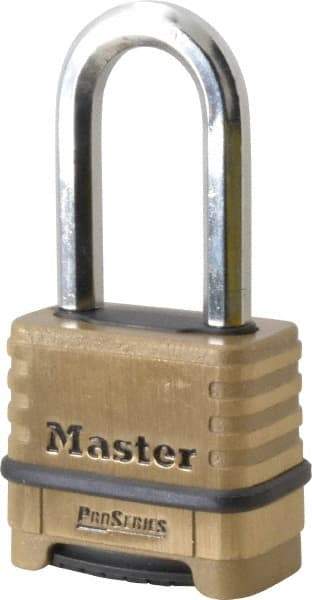 Master Lock - 2-1/4" Body Width x 2" Body Height, 2.063" Shackle Clearance, Brass Body & Boron Carbide Combination Lock - 3/8" Shackle Diam - Top Tool & Supply