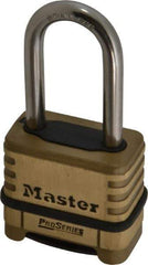 Master Lock - 2-1/4" Body Width x 2" Body Height, 2.094" Shackle Clearance, Brass Body & Stainless Steel Combination Lock - 5/16" Shackle Diam - Top Tool & Supply