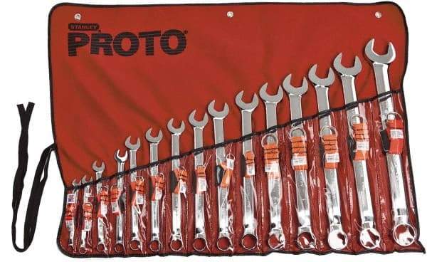 Proto - 15 Piece, 5/16" to 1-1/4", 12 Point Tethered Combination Wrench Set - Inch Measurement Standard, Satin Chrome Finish, Comes in Nylon Roll - Top Tool & Supply