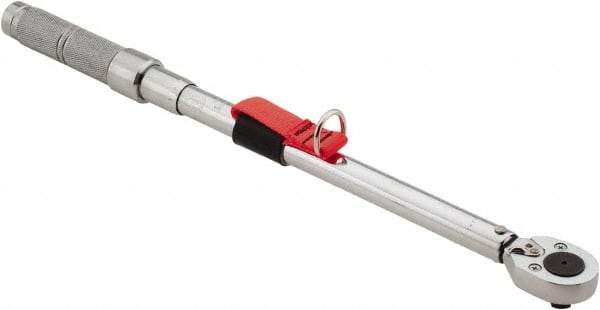 Proto - 1/2" Drive Micrometer Ratchet Head Tethered Torque Wrench - 40 N/m to 200 N/m Torque, 21-1/2" OAL, 1 N/m Graduation, Pear Head - Top Tool & Supply