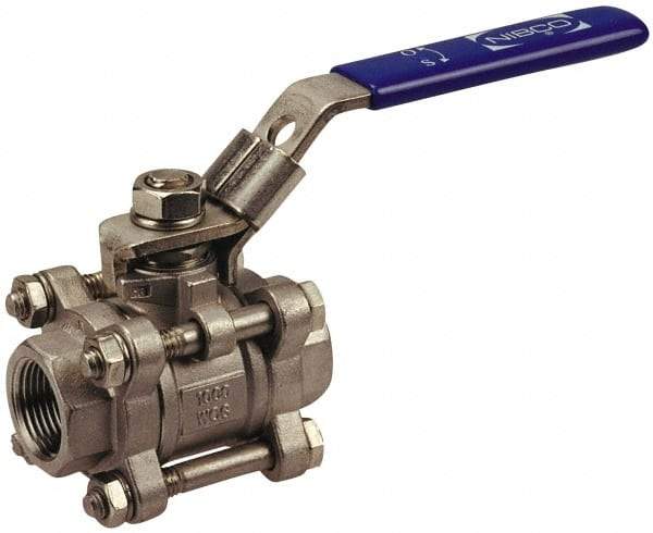 NIBCO - 1-1/2" Pipe, Full Port, Carbon Steel Standard Ball Valve - 3 Piece, Inline - One Way Flow, FNPT x FNPT Ends, Locking Lever Handle, 1,000 WOG - Top Tool & Supply