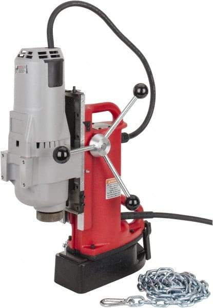 Milwaukee Tool - 1-1/4" Chuck, 11" Travel, Portable Electromagnetic Drill Press - 375 & 750 RPM, 12.5 Amps, 120 Volts, 9' Cord Length - Top Tool & Supply