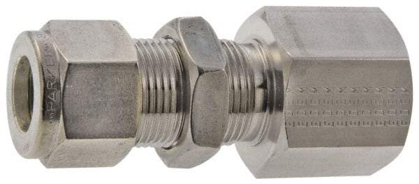 Parker - 1/2" OD, Stainless Steel Bulkhead Female Connector - -425 to 1,200°F, 15/16" Hex, Comp x FNPT Ends - Top Tool & Supply