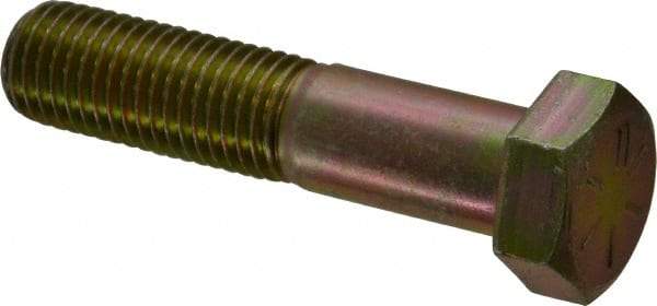 Made in USA - 7/8-9 UNC, 4" Length Under Head Hex Head Cap Screw - Partially Threaded, Grade 8 Alloy Steel, Zinc Yellow Dichromate Finish, 1-5/16" Hex - Top Tool & Supply