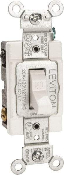 Leviton - 2 Pole, 120 to 277 VAC, 20 Amp, Commercial Grade, Toggle, Wall and Dimmer Light Switch - 1.31 Inch Wide x 4.06 Inch High - Top Tool & Supply