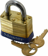 Master Lock - 3/4" Shackle Clearance, Keyed Different Laminated Brass Padlock - 9/32" Shackle Diam, Brass - Top Tool & Supply