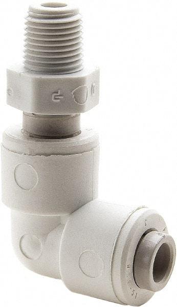 Parker - 1/2" Outside Diam, 1/2 NPTF, Polypropylene Push-to-Connect Tube Male Swivel Elbow - 150 Max psi, White - Top Tool & Supply