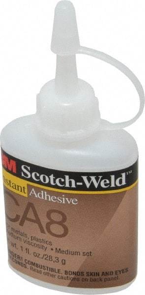 3M - 1 oz Bottle Clear Instant Adhesive - Series CA-8, 5 to 40 sec Fixture Time, 24 hr Full Cure Time, Bonds to Cardboard, Cork Board, Fabric, Fiberglass, Foam, Metal, Paper, Plastic, Rubber & Vinyl - Top Tool & Supply