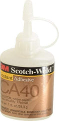 3M - 1 oz Bottle Yellow Instant Adhesive - Series CA40, 3 to 20 sec Fixture Time, 24 hr Full Cure Time, Bonds to Cardboard, Cork Board, Fabric, Fiberglass, Foam, Metal, Plastic, Rubber & Vinyl - Top Tool & Supply