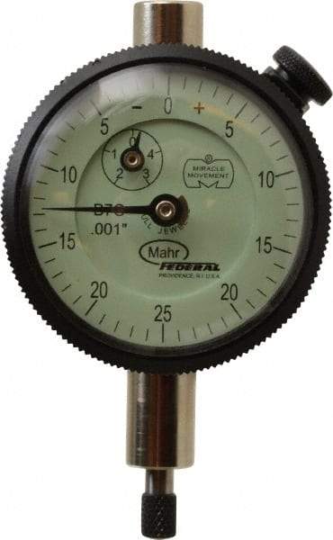 Mahr - 1/8" Range, 0-25-0 Dial Reading, 0.001" Graduation Dial Drop Indicator - 1-3/4" Dial, 0.05" Range per Revolution, 0.001" Accuracy, Revolution Counter - Top Tool & Supply