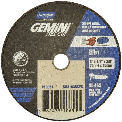 3 × 1/8 × 3/8″ Gemini Free Cut Small Diameter Cut-Off Wheel <=3″ A 36 T Type 01/41 - Top Tool & Supply