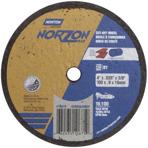 4″ × 0.035″ × 3/8″ NorZon Plus Small Diameter Cut-Off Wheel Type 01 Straight Aluminum Oxide - Top Tool & Supply