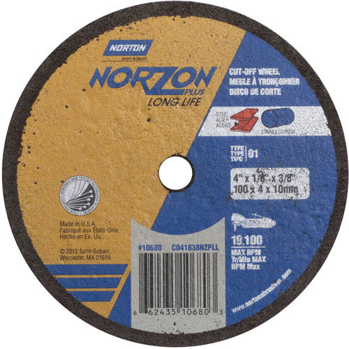 4″ × 1/8″ × 3/8″ NorZon Plus Small Diameter Cut-Off Wheel Type 01 Straight Aluminum Oxide - Top Tool & Supply