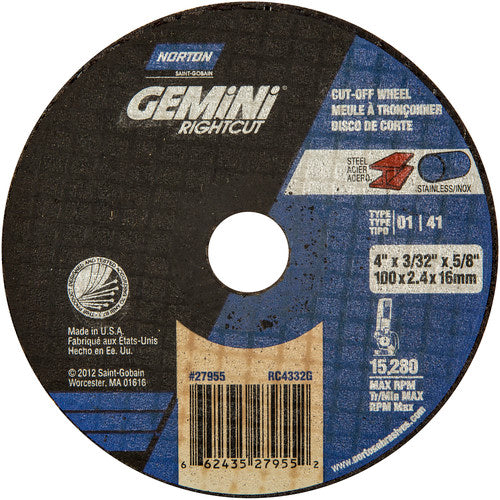 4″ × 0.090″ × 5/8″ Gemini Right Angle Cut-Off Wheel Type 01 Straight 46 Grit - Top Tool & Supply