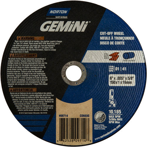 150 mm × 1 mm × 5/8″ Gemini Circular Saw Cut-Off Wheel U57A 60 O Type 01/41 - Top Tool & Supply