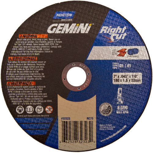 7″ × 0.060″ × 7/8″ Gemini Right Angle Cut-Off Wheel Type 01 Straight Aluminum Oxide - Top Tool & Supply