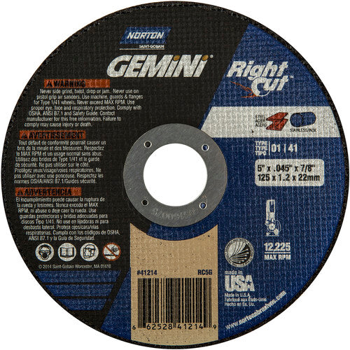 5″ × 0.045″ × 7/8″ Gemini Right Angle Cut-Off Wheel Type 01 Straight Aluminum Oxide - Top Tool & Supply