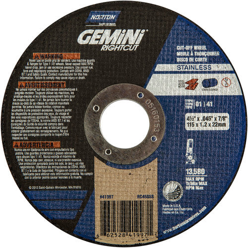 ‎4-1 /2″ × 0.045″ × 7/8″ Right Angle Cut-Off Wheel Gemini RightCut SS 36 Grit - Top Tool & Supply