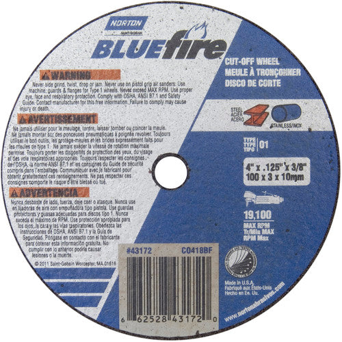 4″ × 1/8″ × 3/8″ BlueFire Small Diameter Cut-Off Wheel Type 01 Straight - Top Tool & Supply