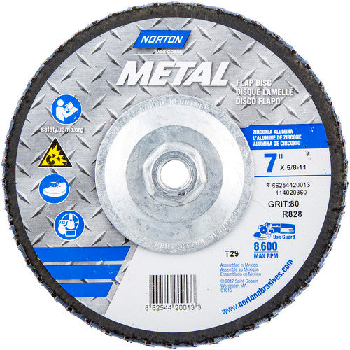 ‎7 × 5/8 - 11″ Metal Fiberglass Conical Flap Disc Type 29 80 Grit R828T Zirconia Alumina - Top Tool & Supply