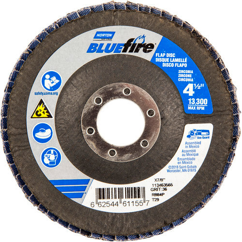 ‎4-1/2 × 7/8″ BlueFire Fiberglass Conical Flap Disc Type 29 P36 Grit R884P Zirconia Alumina - Top Tool & Supply