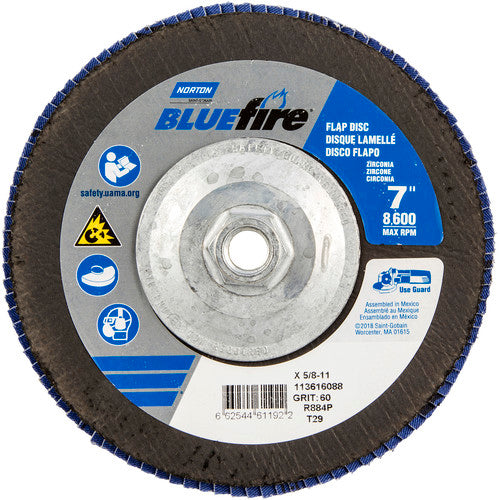 ‎7 × 5/8 - 11″ BlueFire Fiberglass Conical Flap Disc Type 29 P60 Grit R884P Zirconia Alumina - Top Tool & Supply