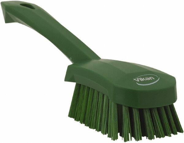 Vikan - 1.3" Bristle Length, Polyester Scrub Brush - 4-1/4" Long x 2-3/4" Wide Head, 10" OAL, Green, Polypropylene Block - Top Tool & Supply